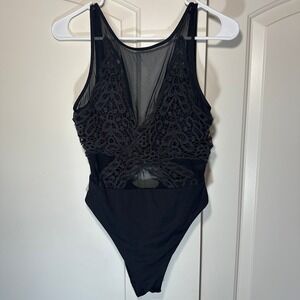 Becca Rebecca‎ Virtue One Piece Swimsuit M Black Crochet Mesh Lace Open Back